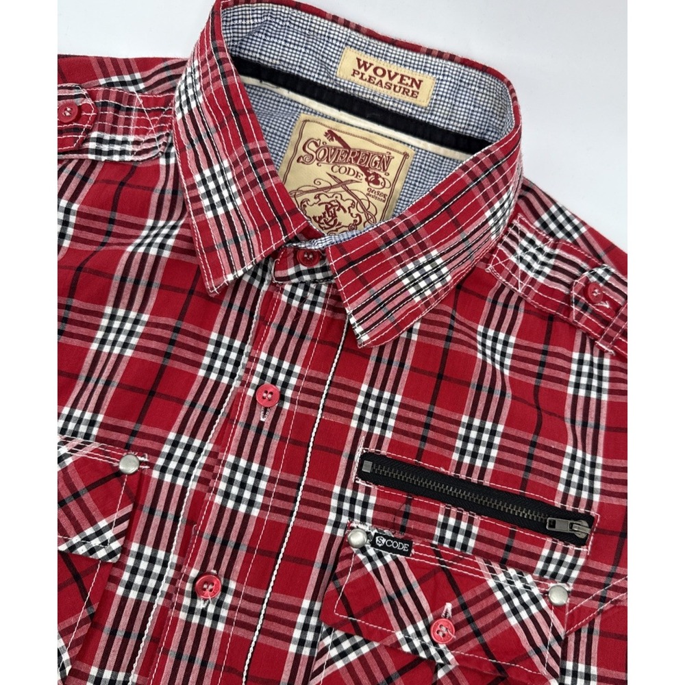 Sovereign Code Button Up Shirt Men L Red Plaid Contrast Cuff Long Sleeve Utility